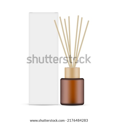 Amber Diffuser Bottle With Wooden Aroma Sticks and Paper Box Mockup, Front View, Isolated on White Background. Vector Illustration