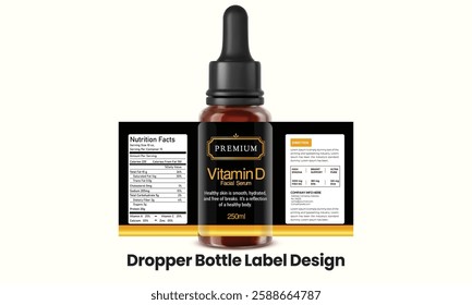 Amber dropper bottle label with a black cap, ideal for showcasing essential oils, serums, or skincare products. Elegant, minimalist design