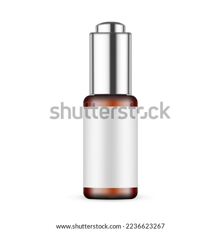 Amber Dropper Bottle With Metal Cap, Blank Label, Isolated on White Background. Vector Illustration