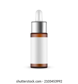 Amber Dropper Bottle Mockup With Blank Label, Isolated on White Background. Vector Illustration
