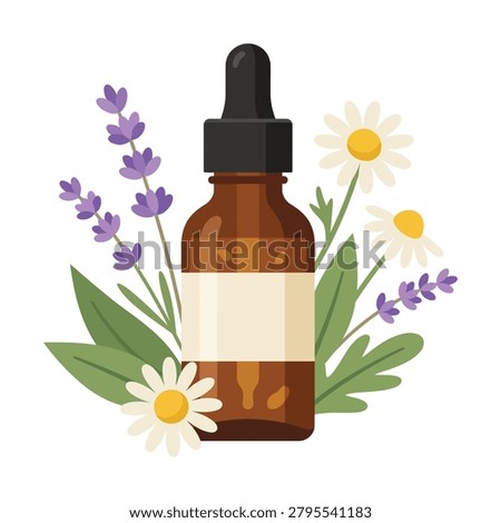 Amber dropper bottle surrounded by botanical flowers for essential oil branding, packaging visuals, wellness campaigns, and product marketing