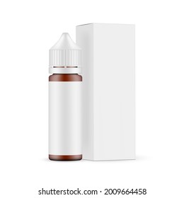 Amber Dropper Einfarbige Flasche mit Seitenansicht der Papierbox einzeln auf weißem Hintergrund. E-Flasche mit Flüssigkeit aufziehen. Vektorgrafik