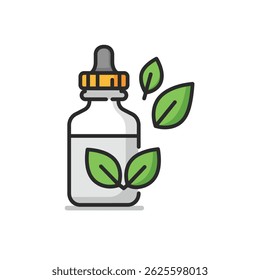 Amber Glass Medicine Bottle Accompanied by Fresh Green Leaves Natural Herbal Remedy Concept Isolated White