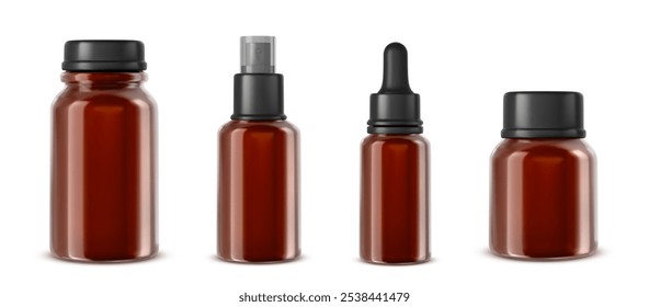 Amber glass or plastic bottles in different sizes with black caps - twist off, pump, dropper and wide neck container. Empty pharmaceutical pack for storing medicine, cosmetic products or essential oil