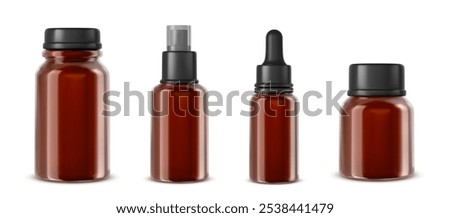 Amber glass or plastic bottles in different sizes with black caps - twist off, pump, dropper and wide neck container. Empty pharmaceutical pack for storing medicine, cosmetic products or essential oil