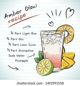 Amber glow cocktail, vector sketch hand drawn illustration, fresh summer alcoholic drink with recipe and fruits	