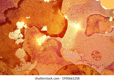 Amber and gold abstract alcohol ink marble texture. Vector shining background with glitter. Template for banner, poster design. Fluid art painting