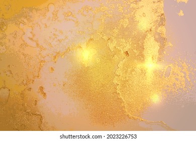 Fondo de textura de mármol abstracto de color ámbar y dorado. Papel de lujo con salpicaduras de pintura y olas de color. Ilustración moderna de arte líquido para afiches, volantes, diseño de folletos con brillo brillante.