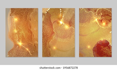 Amber and gold pattern with texture of geode and sparkles. Abstract vector background in alcohol ink technique. Modern paint with glitter. Set of backdrops for banner, poster design. Fluid art