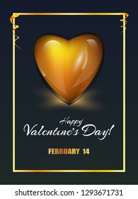 Amber heart and luxury gold frame on a dark background. Easy to edit vector background. Valentine's Day greeting card - Vector Design