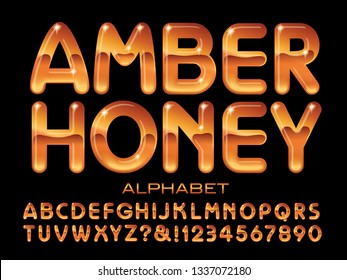 Amber Honey alphabet is a rounded sans serif font with a 3d transparent honey effect