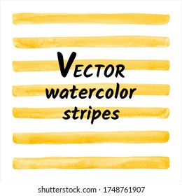 Amber, honey yellow watercolor vector stripes set. Hand drawn watercolour streaks, long brush highlighter strokes, smears, ribbons, wide lines, bars. Text background, banner, graphic design elements