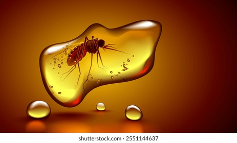 Âmbar com mosquito inseto dentro. Fóssil antigo laranja pedra âmbar com bug congelado dentro. Mosquito fóssil em resina de pedra solar. Ilustração vetorial realista mineral translúcido antigo. Arqueologia.