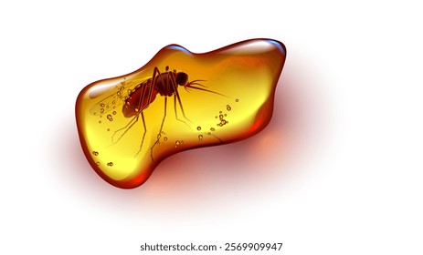 Amber with insect mosquito inside. Fossil ancient orange stone amber with bug frozen inside on white. Fossil mosquito in sunstone resin. Realistic vector illustration ancient amber. Archaeology.