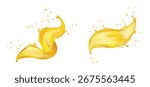 Amber liquid splashes, collection of realistic oil splatter with drops. Vector abstract oily substance with bubbles and light glow. Golden essence waves and swirl, serum motion effects