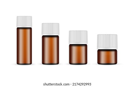 Amber Medical or Cosmetic Bottles with Different Sizes, Isolated on White Background. Vector Illustration