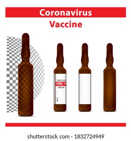 Amber medicine bottle vials with vaccine medicine. Transparent surface.