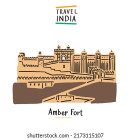 
Amber Palace India landmark Hand drawn color illustration