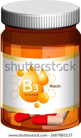 Amber plastic bottle with Vitamin B3 Niacin capsules, vector illustration, clean modern style