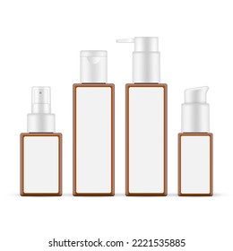 Amber Plastic Packaging Bottles Mockups With Blank Labels, Cosmetics for Skin Care, Isolated on White Background. Vector Illustration