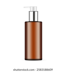 Amber Plastic Pump Bottle Mockup With Metal Cap, Front View, Isolated On White Background. Vector Illustration