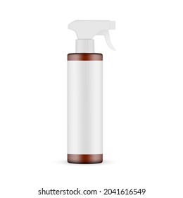 Botella de aerosol de plástico ámbar con etiqueta en blanco, aislada en fondo blanco. Ilustración vectorial