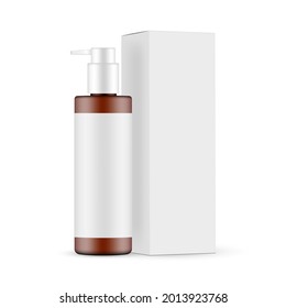 Amber Pump Bottle Mockup with Box Side View, Isolated on White Background. Vector illustration