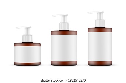 Amber Pump Bottles Mockups with Labels Isolated on White Background. Vector illustration