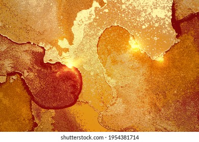 Amber, rot und goldener abstrakter Hintergrund. Alkoholfarbene Marmorstruktur mit Glitter. Vorlagenmuster für Banner, Plakatdesign. Flüssigkunstmalerei – Stockvektorgrafik