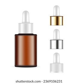 Amber Small Dropper Bottle Mockup With Metallic, Plastic, Golden Caps, Isolated On White Background. Vector Illustration