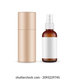 Amber Spray Bottle Mockup with Kraft Paper Tube, Isolated on White Background. Vector Illustration