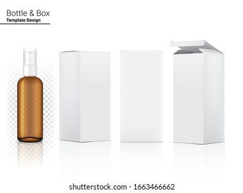 Amber Spray Bottle Transparent Mock up Realistic Cosmetic and Box for Skincare Product or medicine on White Background Illustration. Health Care and Medical Concept Design.