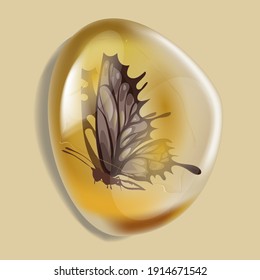 Amber stone with insect isolated on white background. Butterfly modern insect frozen in amber. Petrous resin for design. Gemstone or mineral bubble.Stock vector illustration