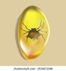 Amber stone with insect isolated on white background. Mosquito or flea ancient and modern insect frozen in amber. Petrous resin for design. Gemstone or mineral bubble.Stock vector illustration