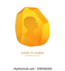 Amber stone, jewelry, girl, gift, luxury, female, head, yellow, vector illustration. Simple unique logo design abstract geometric with typography. Used for brand, symbol and icon. isolated background.