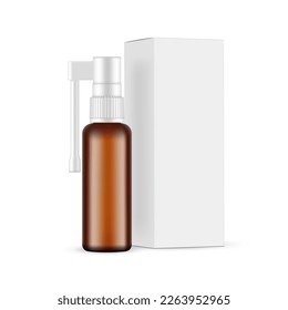 Amber Throat Spray Bottle Mockup With Packaging Box, Side View, Isolated on White Background. Vector Illustration