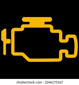 Amber vector graphic on a black background of a dashboard warning light for a problem with the car's engine