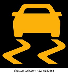 Amber vector graphic on a black background of a dashboard warning light for the traction control system