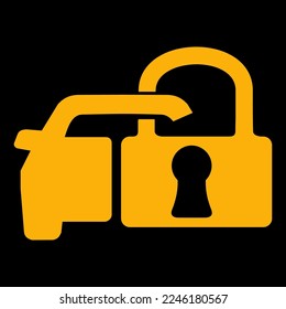 Amber vector graphic on a black background of a dashboard warning light for security light. It consists of a car and a padlock