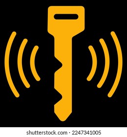 Amber vector graphic on a black background of a dashboard warning light for key fob detected. It consists of a key and circles representing electronic waves