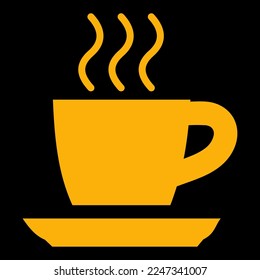 Gráfica vectorial ámbar en un fondo negro de una luz de advertencia del tablero para alerta de cansancio. Muestra una taza de café que indica que el conductor debe tomarse un descanso