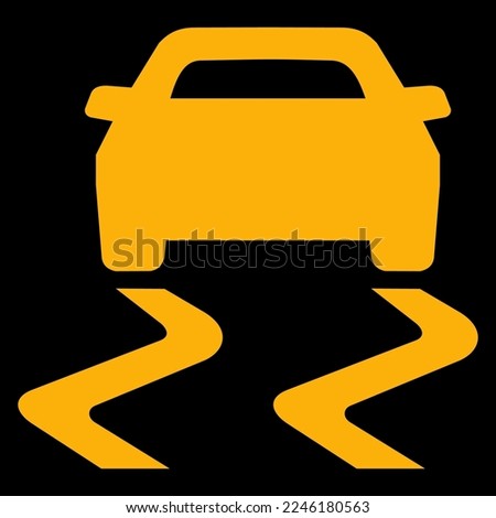 Amber vector graphic on a black background of a dashboard warning light for the traction control system