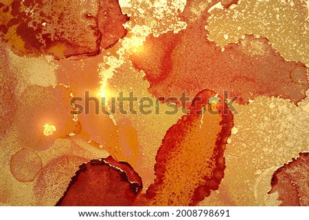 Amber, yellow and gold abstract marble pattern with sparkles. Vector background in alcohol ink technique with glitter. Template for banner, poster design. Fluid art painting