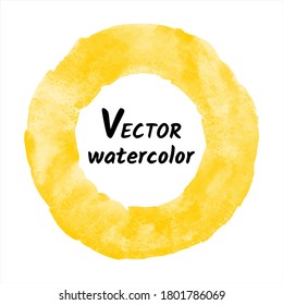 Amber yellow watercolor vector round text frame. Circle, donut, ring shape, uneven artistic edge. Watercolour stains graphic design element, painted aquarelle background, border template.