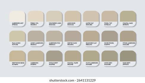 Ambergris Color Palette. Ambergris Tones Swatch Chart with HEX Codes and Color Names. Core Ambergris Neutrals Variants Infused light brown Tone Palette. wood painting color pastel brown Variants Color