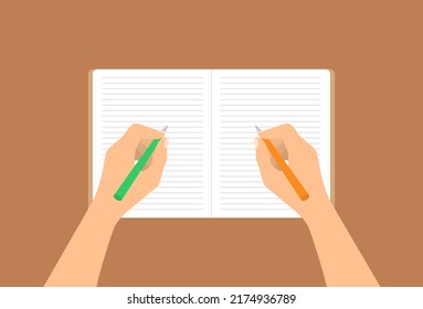 An ambidextrous person writing with both hands in a notebook. Flat vector illustration