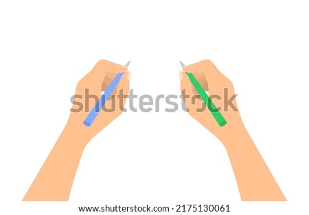 An ambidextrous person writing with both hands isolated on a white background. Flat vector illustration