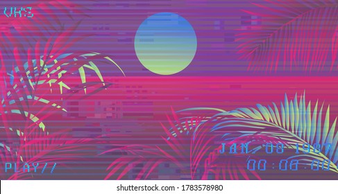 Ambient cyberpunk scene with palm leaves on glitched screen with VHS flickers and stripes. Retro 80's style vibe.