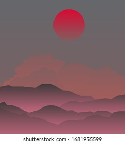 Ambient landscape with sunset above the mountains or hills. Minimalist vector illustration.