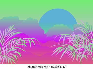 Ambient oriental landscape with sunset above the mountains or hills and tropical palm leaves on foreground in neon vibrant colors. Retrowave cartoon or anime style.